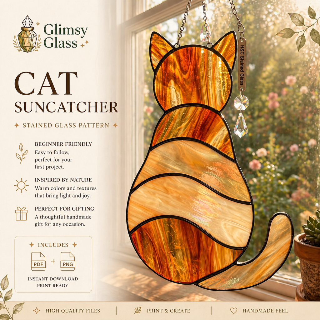 Cat Stained Glass Pattern SVG PNG PDF – Nature Suncatcher Template