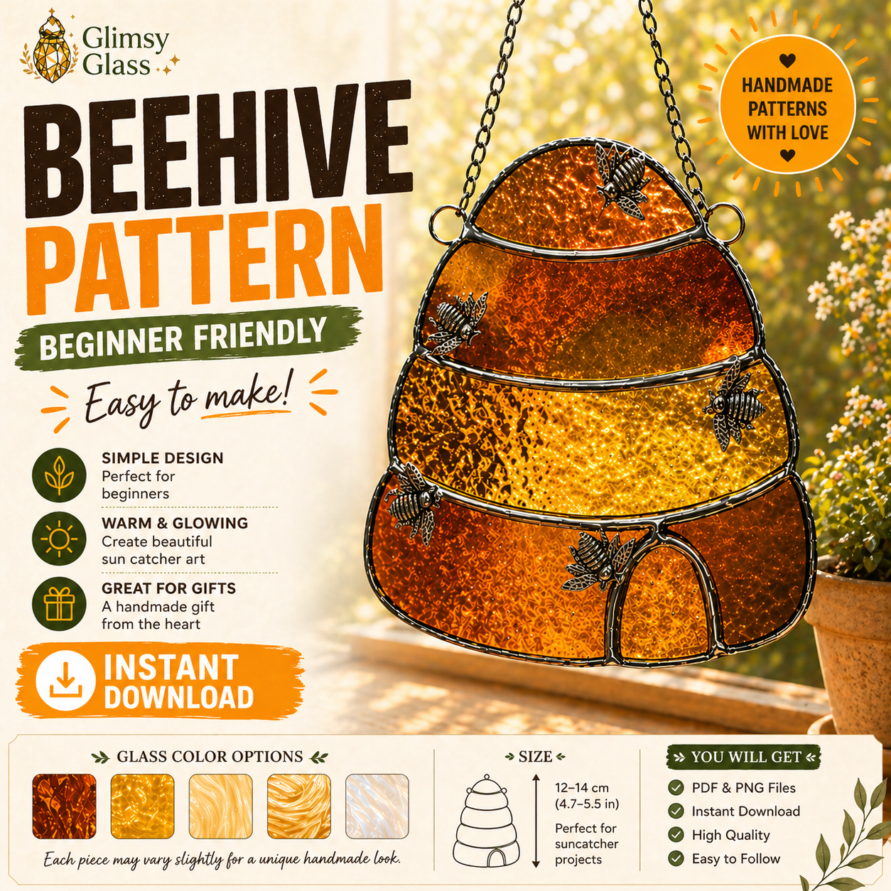 Beehive Stained Glass Pattern PDF PNG for Beginners