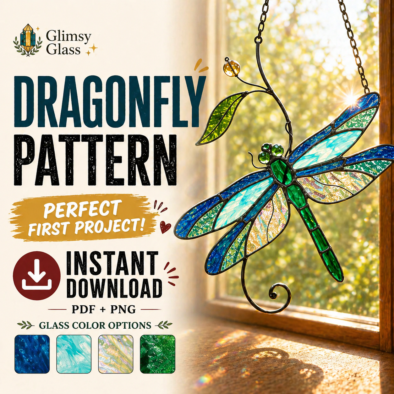 Dragonfly Stained Glass Pattern SVG PNG PDF – Nature Suncatcher Template