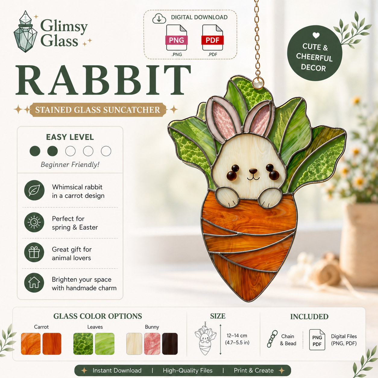Rabbit Stained Glass Pattern SVG PNG PDF – Cute Bunny Suncatcher Template