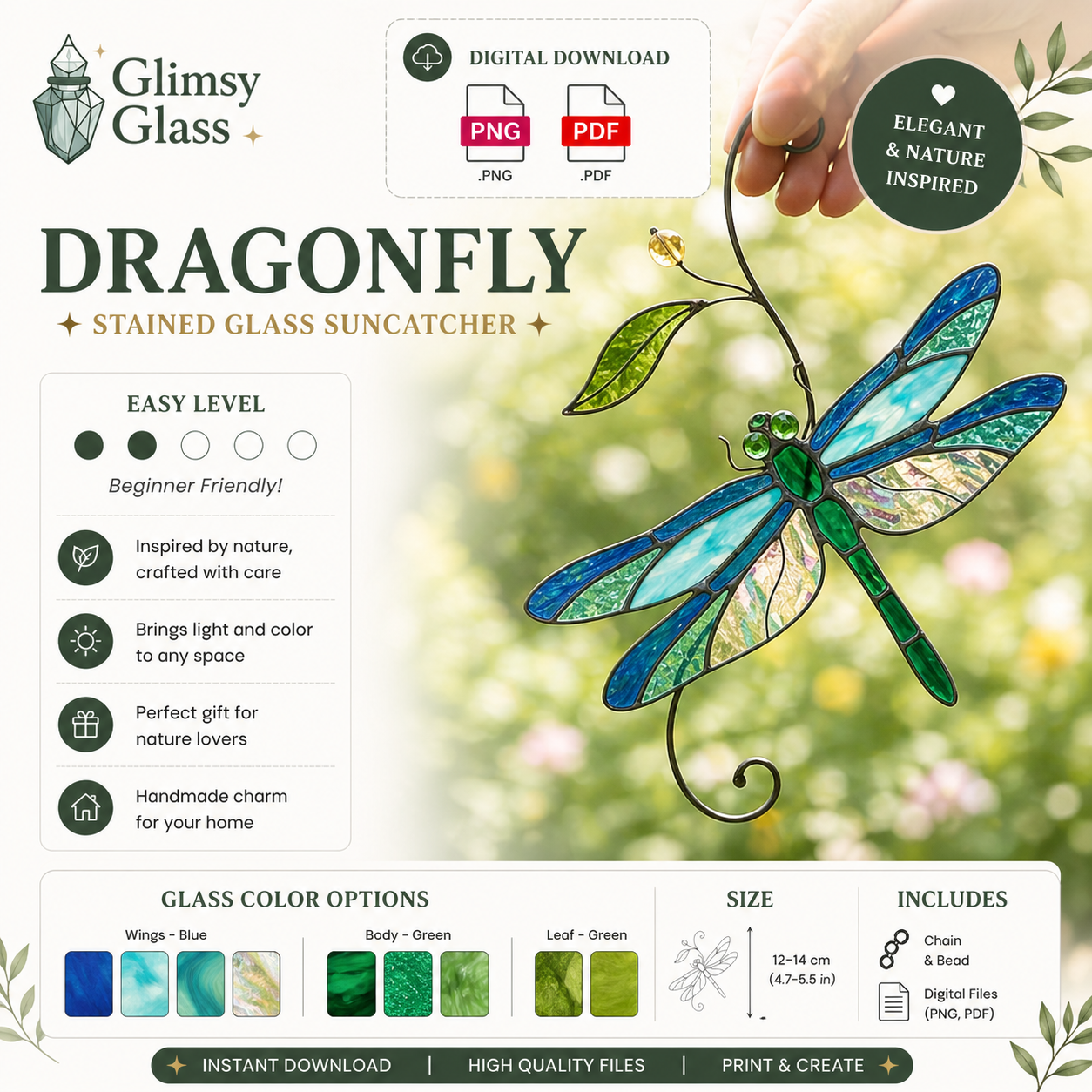 Dragonfly Stained Glass Pattern SVG PNG PDF – Nature Suncatcher Template