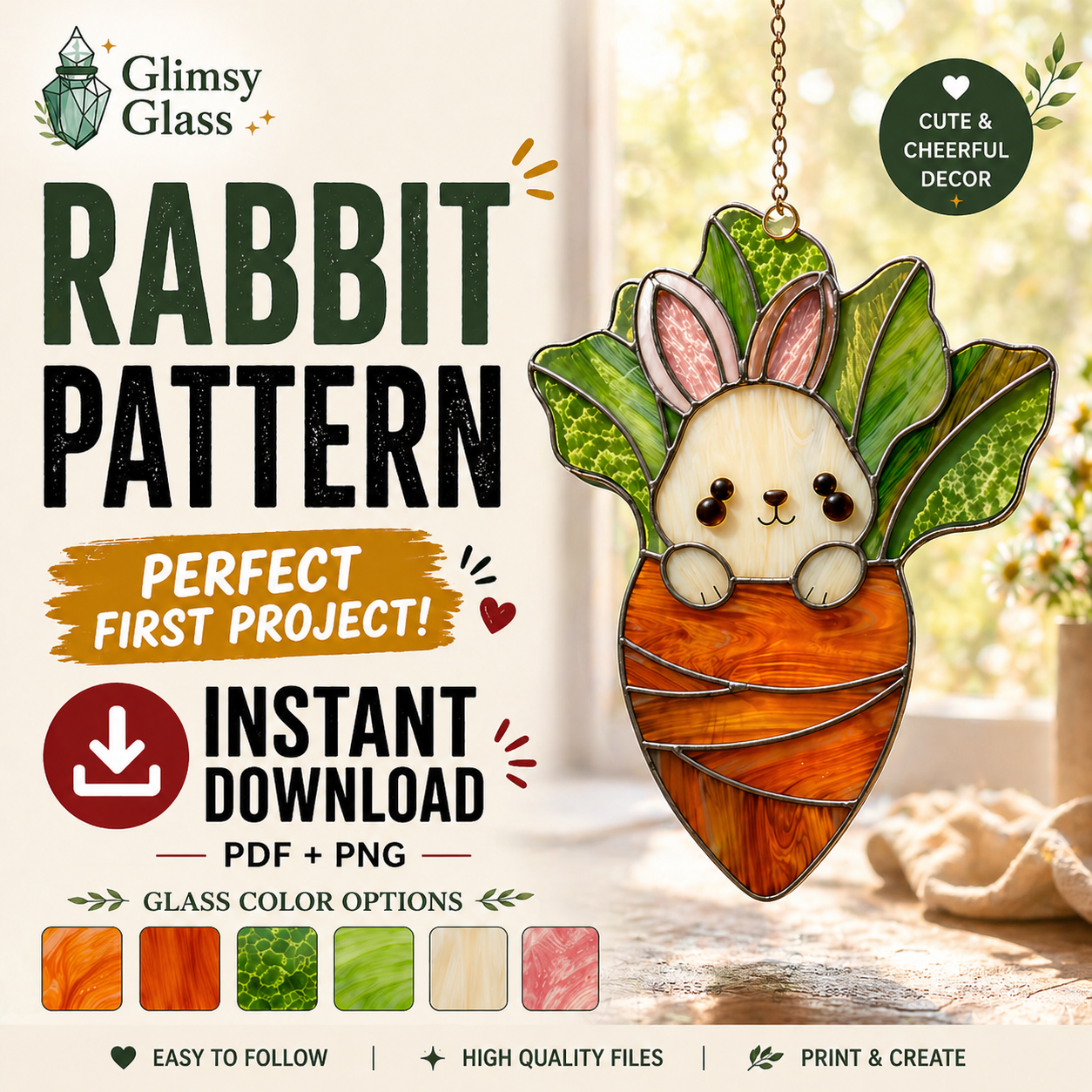 Rabbit Stained Glass Pattern SVG PNG PDF – Cute Bunny Suncatcher Template