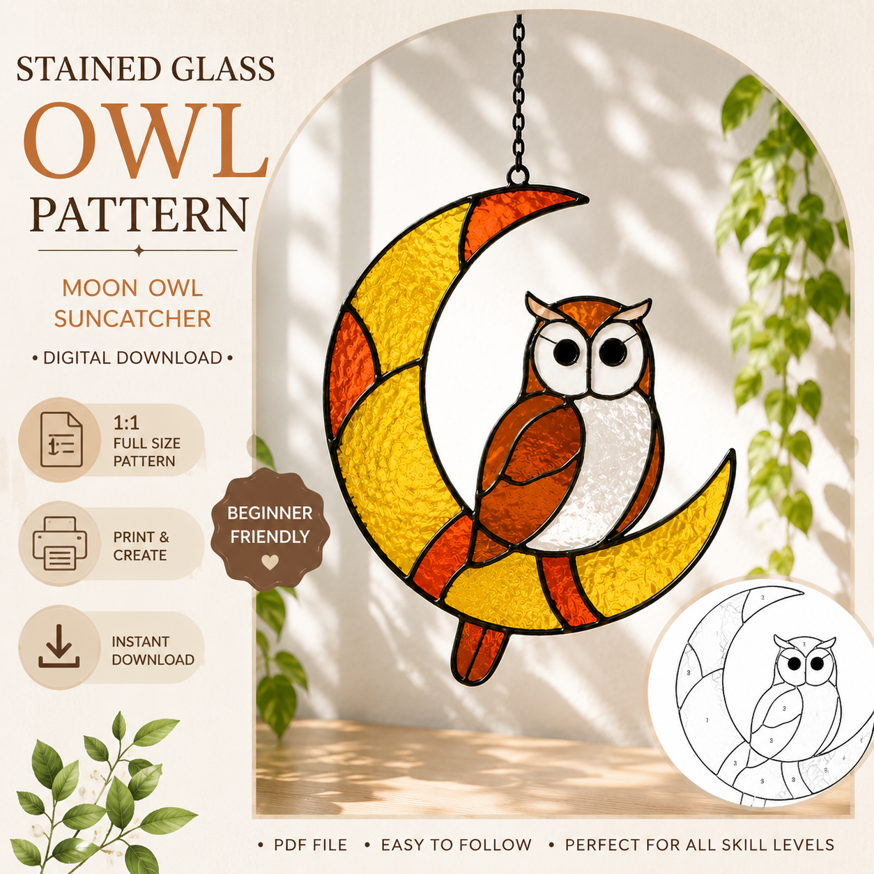 Moon Owl Stained Glass Pattern | Owl Suncatcher PDF Pattern | Beginner Friendly Glass Art Template | Instant Digital Download