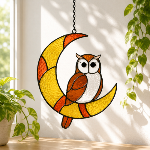 Moon Owl Stained Glass Pattern | Owl Suncatcher PDF Pattern | Beginner Friendly Glass Art Template | Instant Digital Download