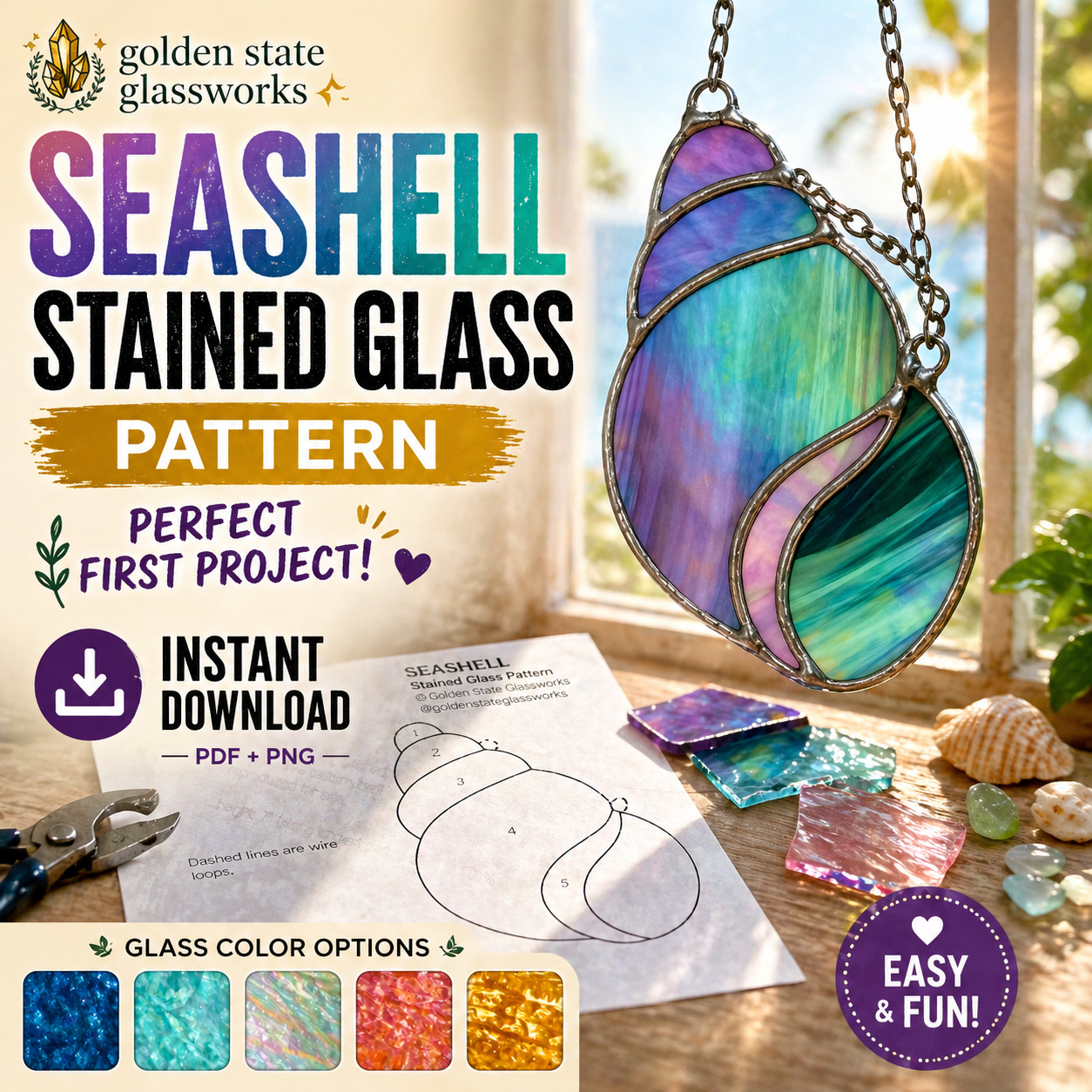 Seashell Stained Glass Pattern PDF PNG for Beginners