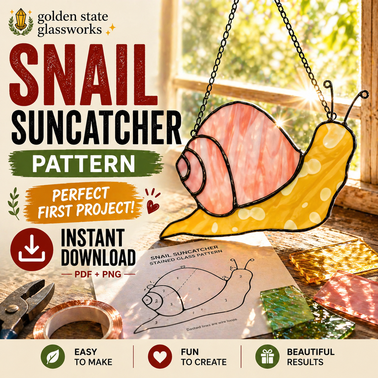 Snail Stained Glass Pattern PDF PNG for Beginners