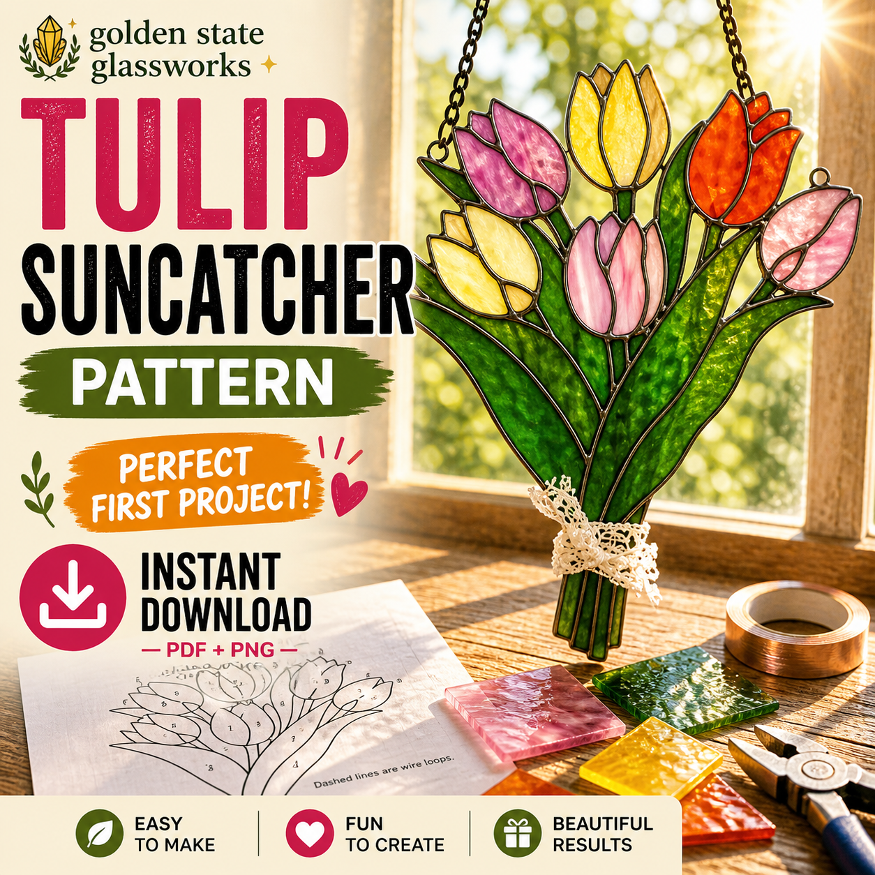 Tulip Stained Glass Pattern | Beginner Friendly Flower Suncatcher Template (PDF + PNG)