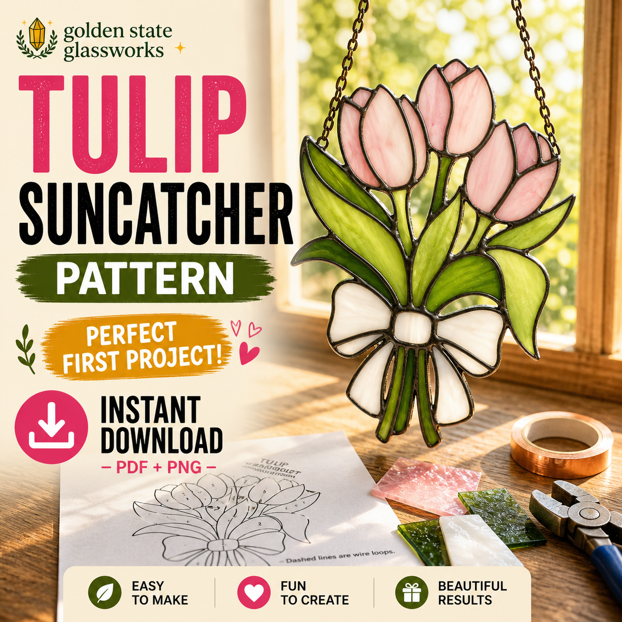 Tulip Stained Glass Pattern PDF PNG for Beginners | Floral Suncatcher Template